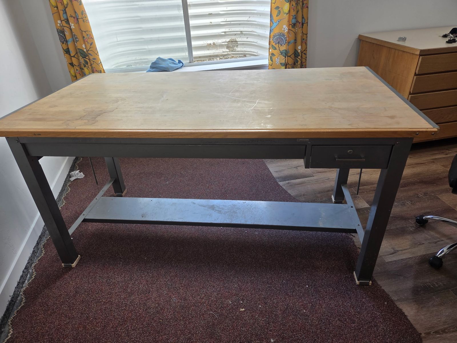 72" Vintage Mayline Ranger Drafting Table - 4 Post metal, Wood Top, Tool Drawer & Shallow Plan Drawer