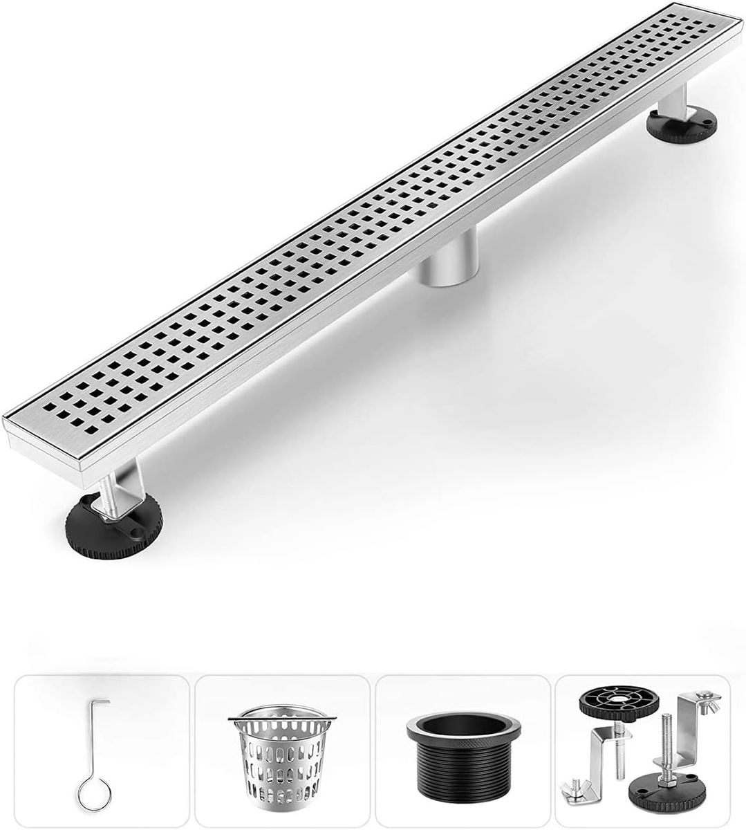 24" Modern 304 Stainless Steel Shower Floor Drain with Removable Grate, Adjustable Leveling Feet