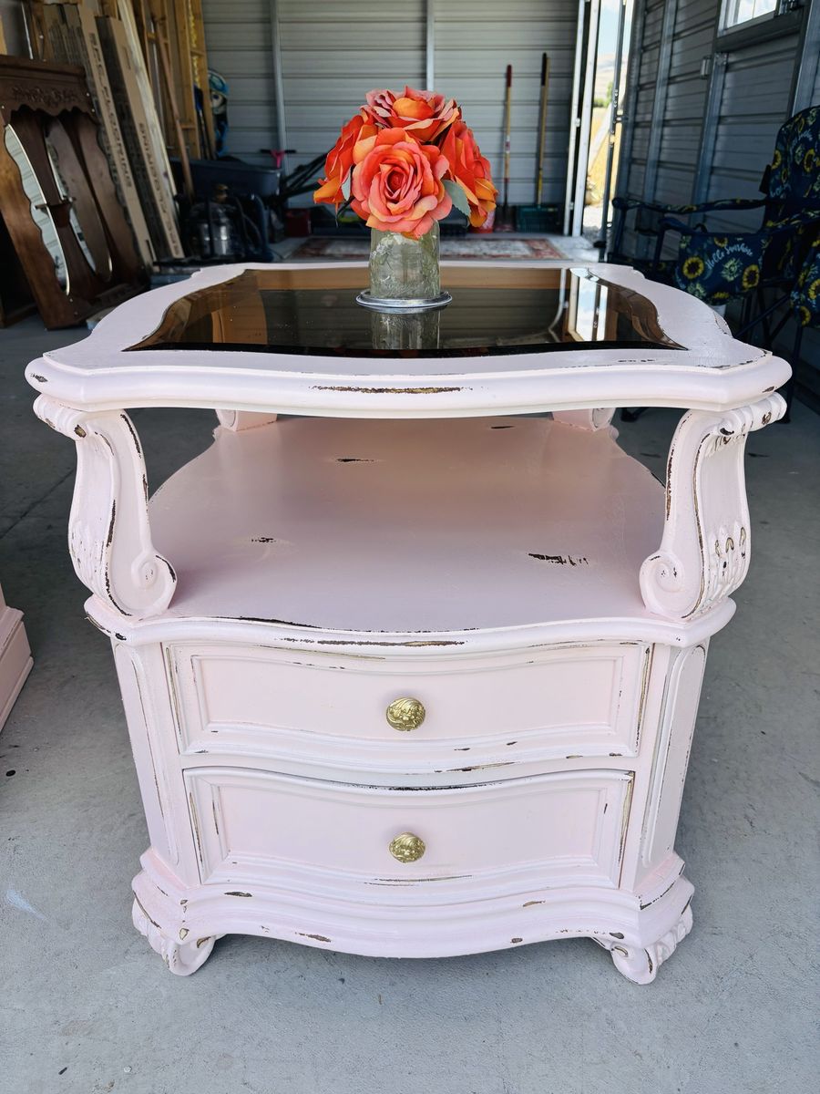 Vintage Shabby Chic Pink Distressed Nightstand End Table with Glass Top & Drawers