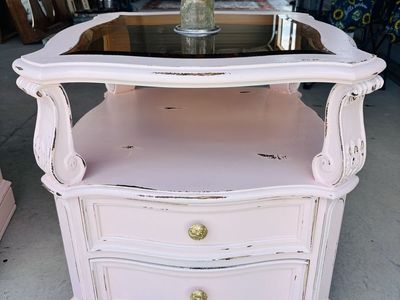 Vintage Shabby Chic Pink Distressed Nightstand End Table with Glass Top & Drawers