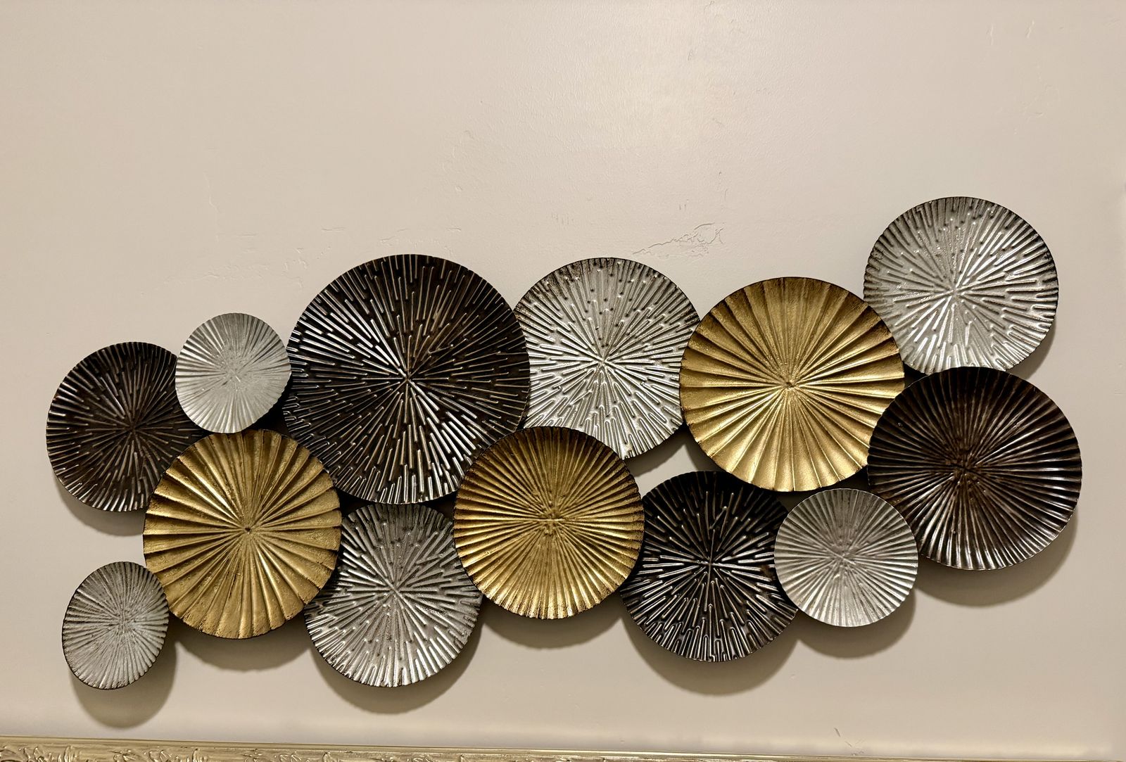 Modern Metal Wall Art – Gold, Silver & Bronze Disc Design. $50 or best offer
