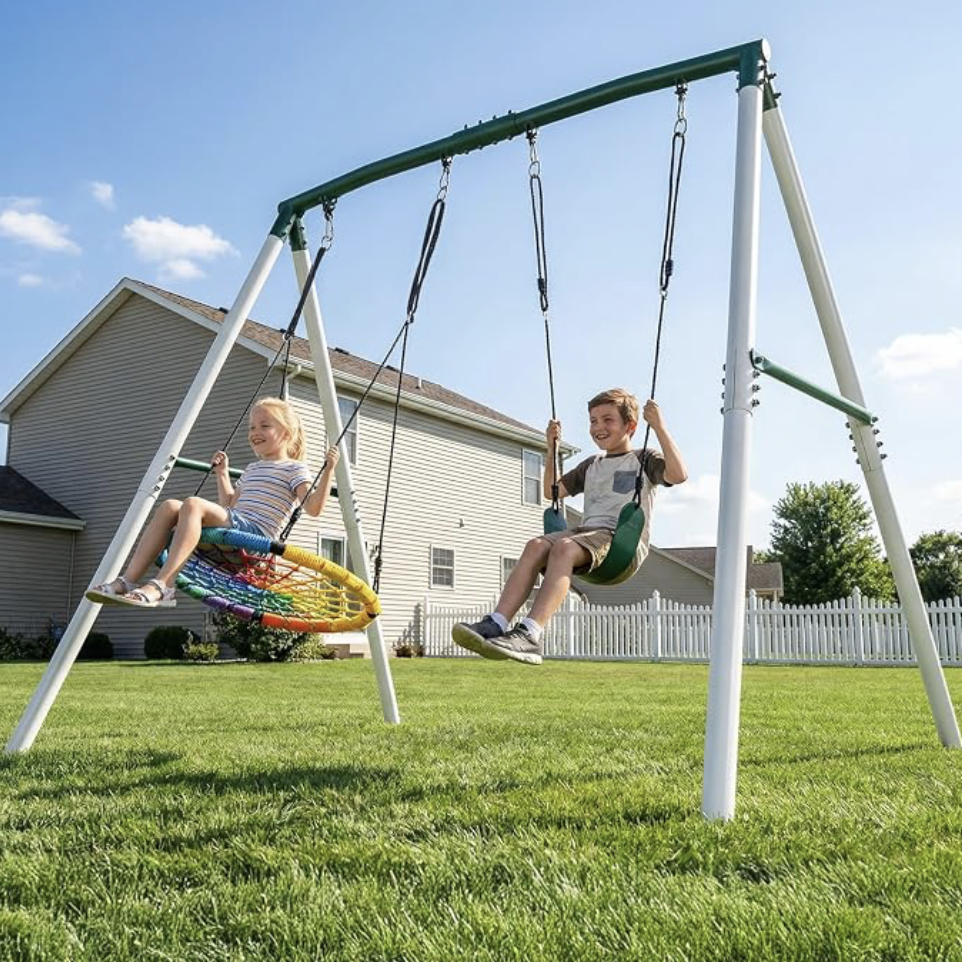 Swing Set 7.5ft Tall Heavy Duty Metal Swingset for Backyard