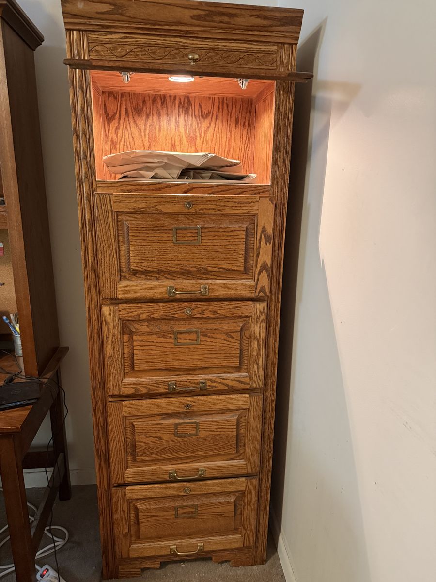 Solid oak file cabinet with lighting and glass