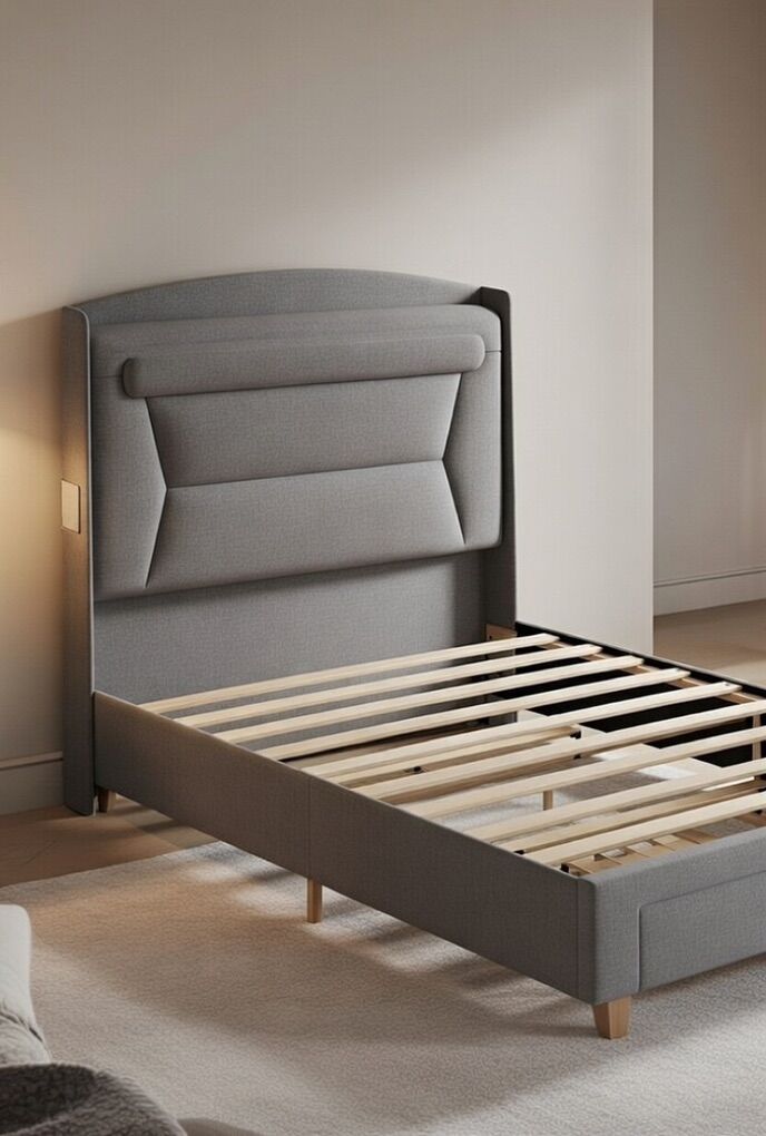 Brand New Gray Twin Upholstered Bed Frame