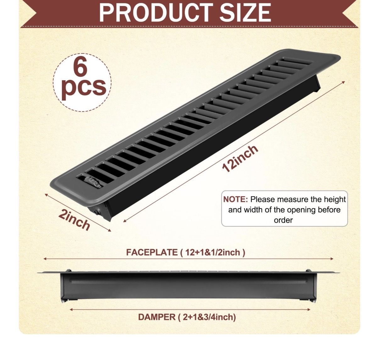6 Pcs Floor Register 2x12 Black Aluminum Alloy Floor Vent Cover