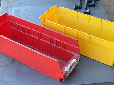 2x Open-Front Plastic Shop Bins - Garage, Workbench & Hardware Storage