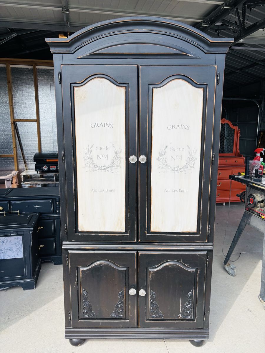 Distressed Black French Country Armoire Cabinet