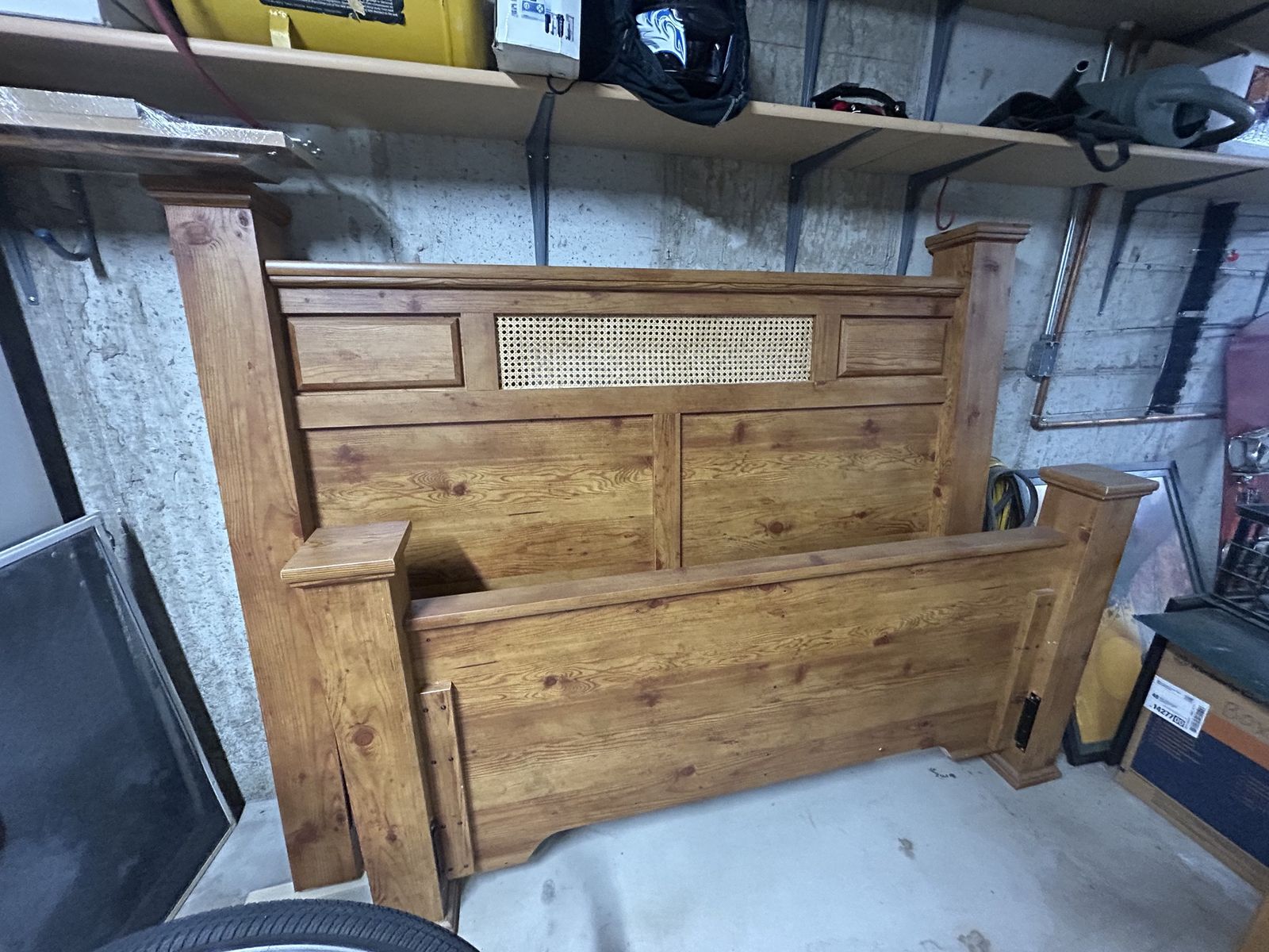 Solid Wood Rustic Queen Bed Frame with Woven Cane Accent