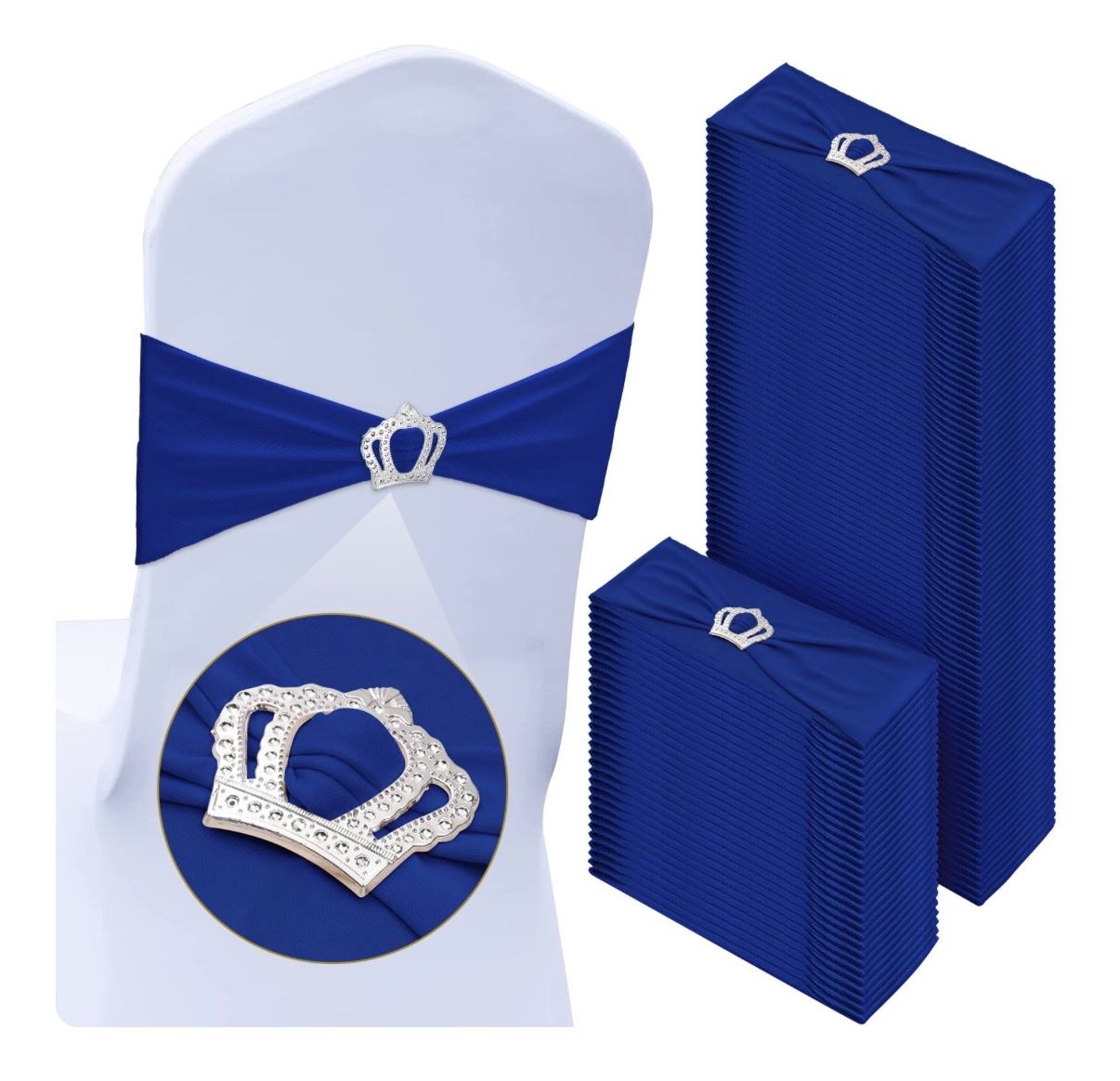 Royal Blue Spandex Chair Sashes with Silver Crown Buckles
