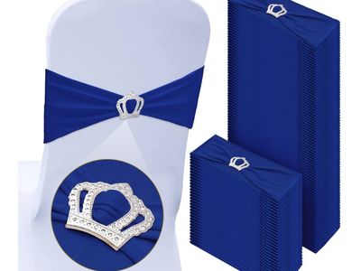 Royal Blue Spandex Chair Sashes with Silver Crown Buckles