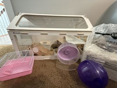 NiteAngel Wood/Plexiglass Hamster Cage with Silent Wheel, Travel Cage, Bedding & Toys
