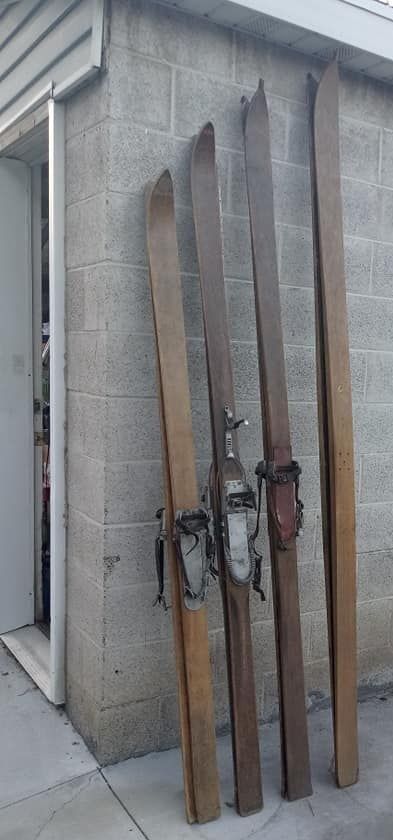 Vintage Wooden Skis various lengths...with Leather & Metal Bindings -