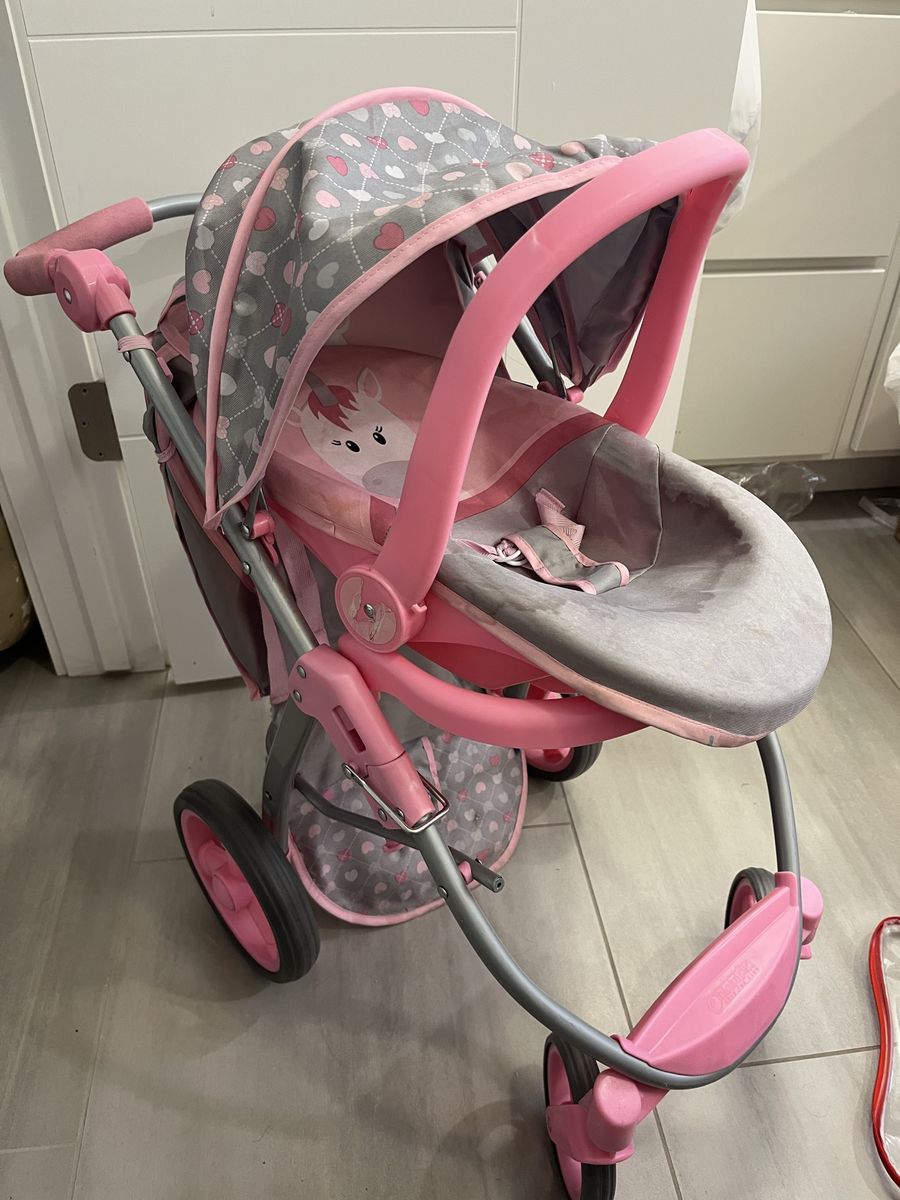 Doll Stroller Baby Carriage Unicorn Print Pink & Gray Foldable Toy Stroller for Kids