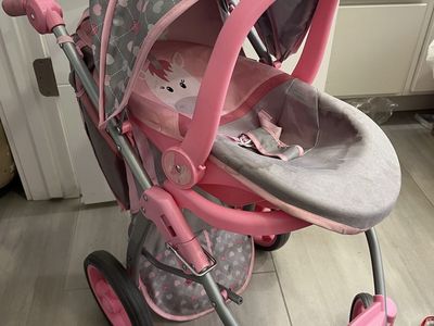 Doll Stroller Baby Carriage Unicorn Print Pink & Gray Foldable Toy Stroller for Kids