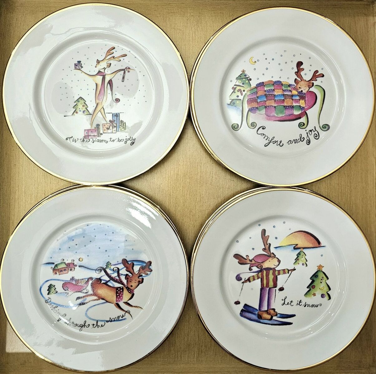 8 Whimsical Reindeer Christmas Plates By Rosanna