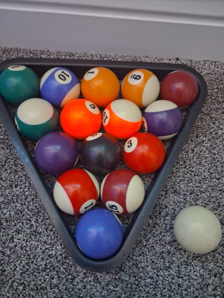 Complete Billiards Set - Pool Balls, triangle, 2 Cues & Blue Chalk