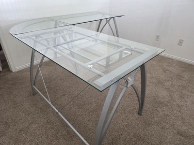Realspace® Vista Glass 76"W L-Shape Corner Desk, Silver