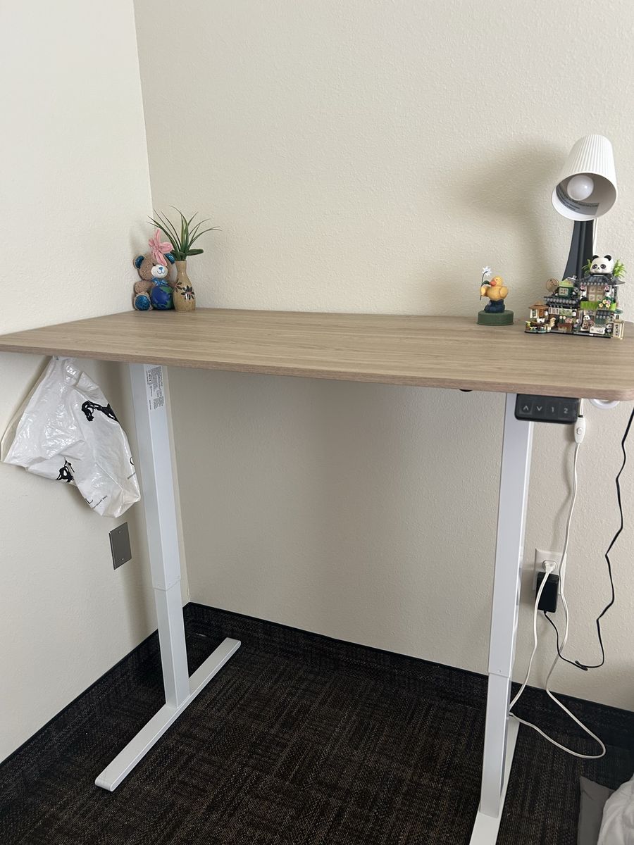Electric Height Adjustable Standing Desk - Light Wood Top, White Frame, Memory Presets