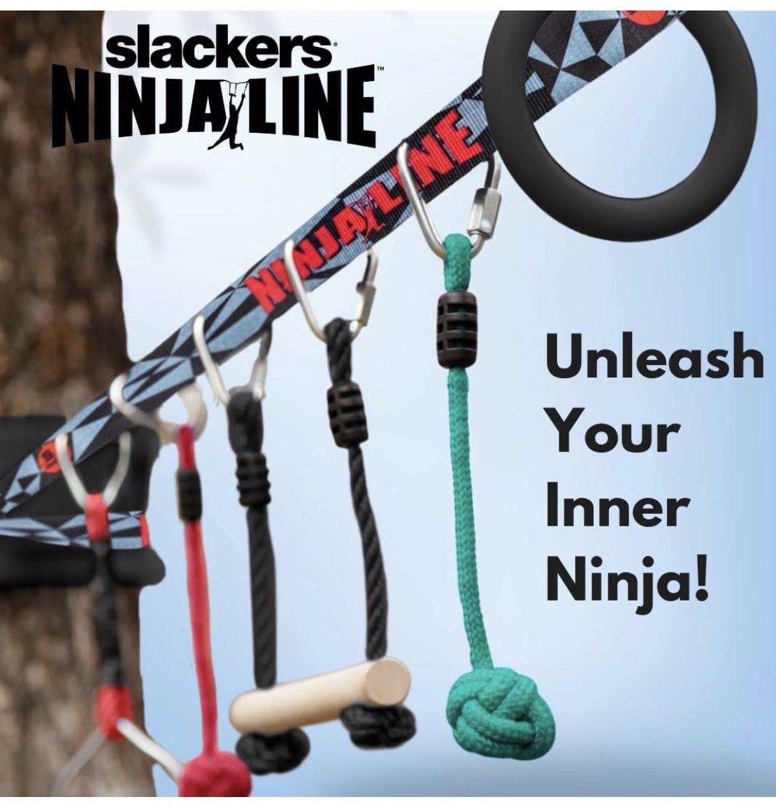Slackers NinjaLine 36' Intro Kit with 7 Hanging Obstacles - Backyard Ninja Warrior Obstacle Course