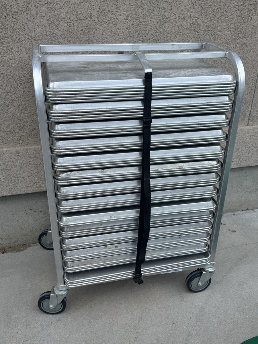 Commercial Bakery Sheet Pan Rack + 45 Full-Size Advance Tabco Aluminum Sheet Pans