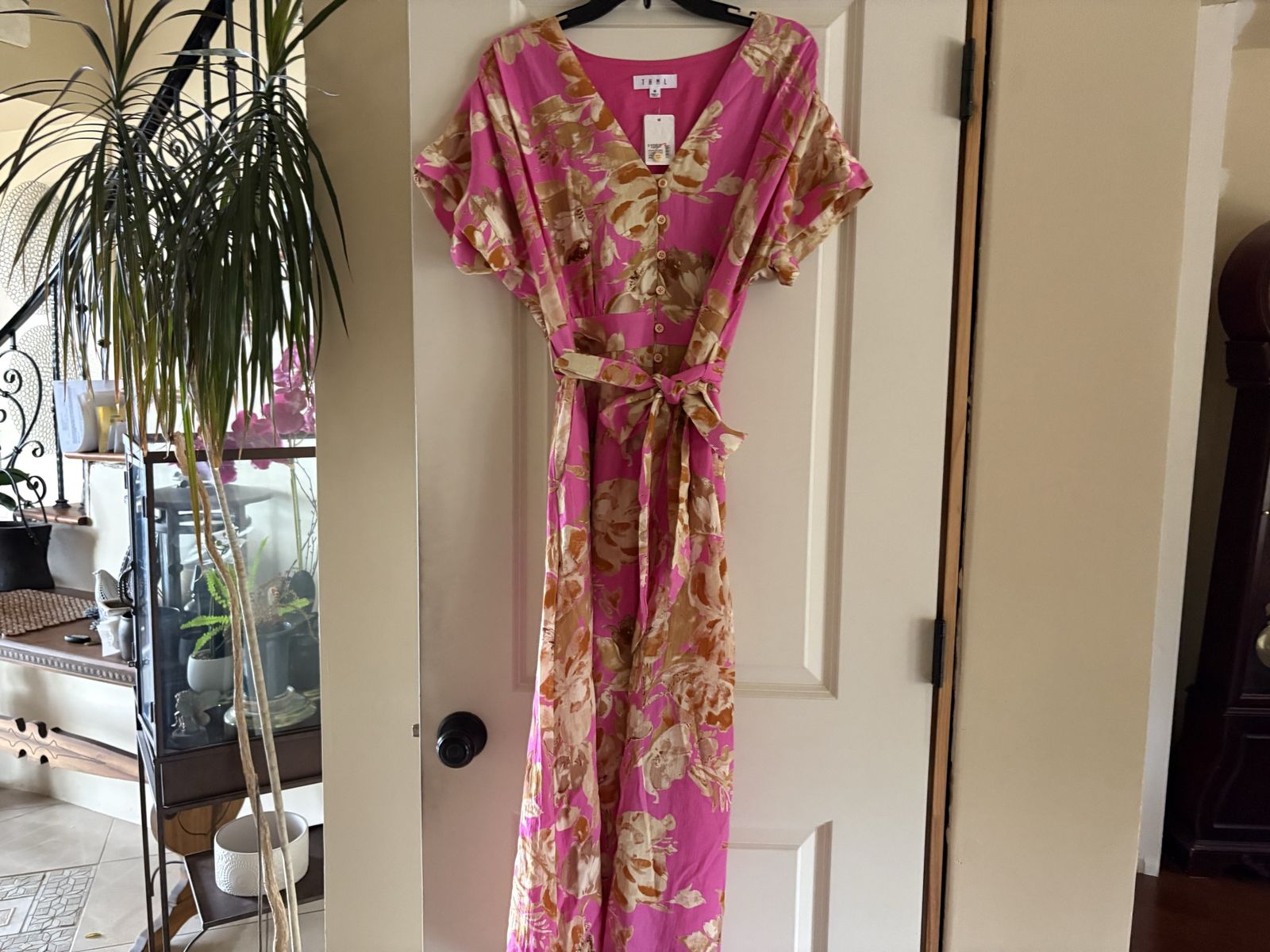 New Dark Pink Floral Button Front Dress Sz M