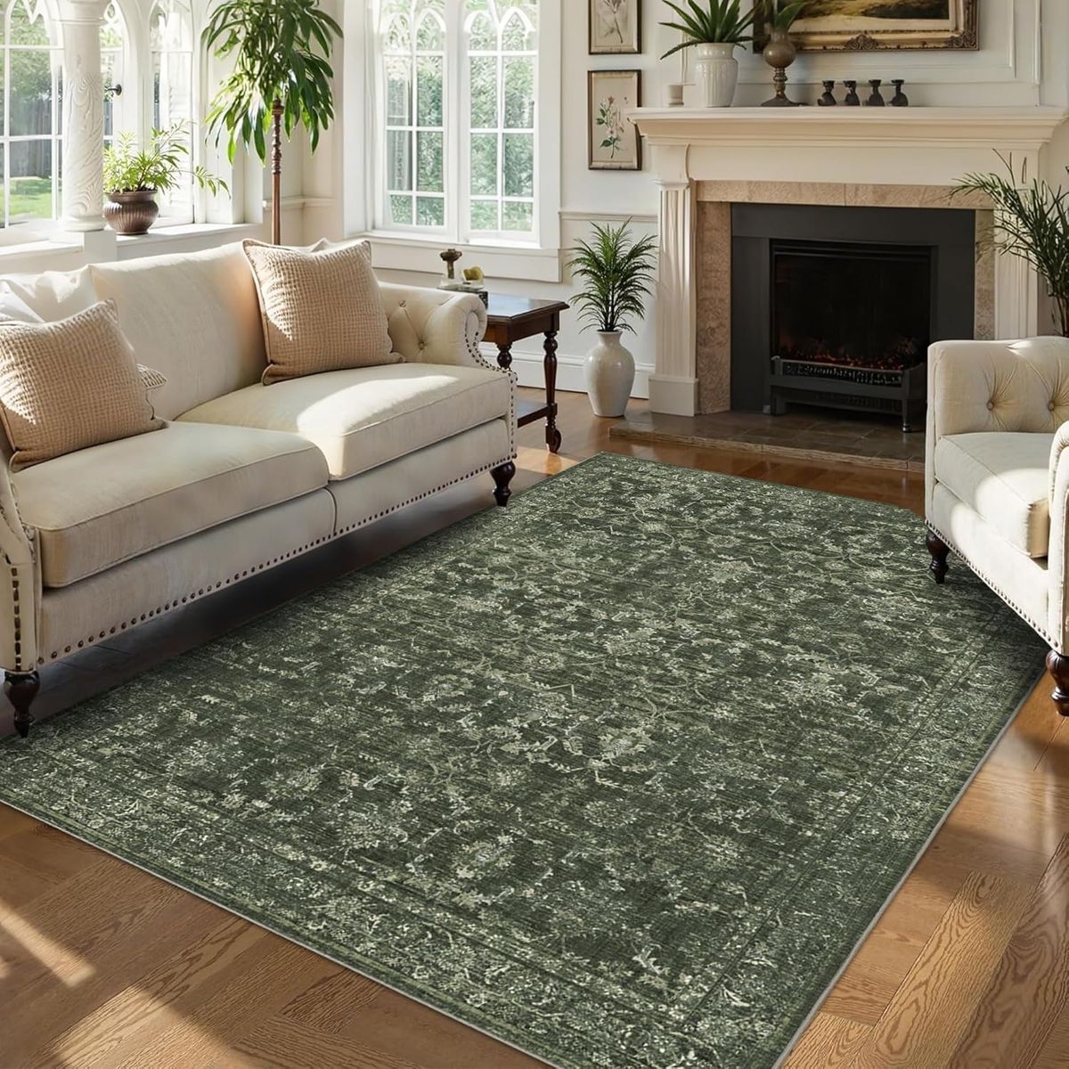 BRAND NEW 6x9 Vintage Boho Green Distressed Floral Print Area Rug