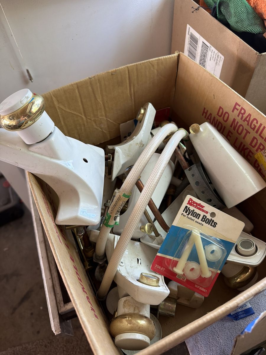 Hardware and faucets. White and gold for bathroom and cabinets.