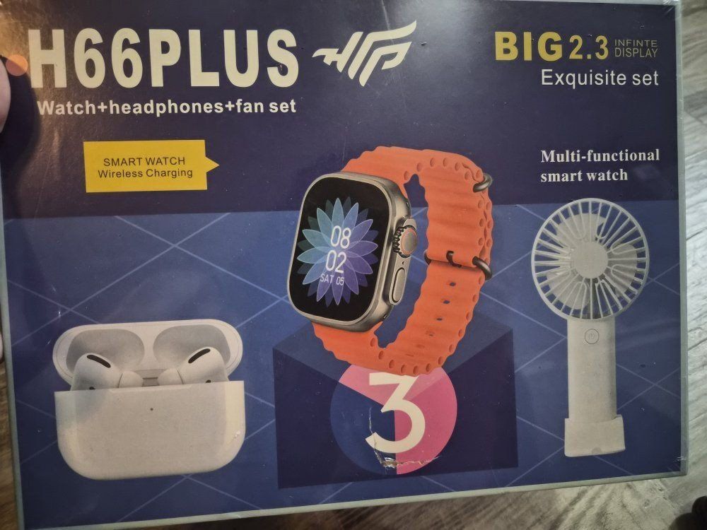 New H66PLUS 3-in-1 Tech Gift Set - Smart Watch, Wireless Earbuds & Portable Fan