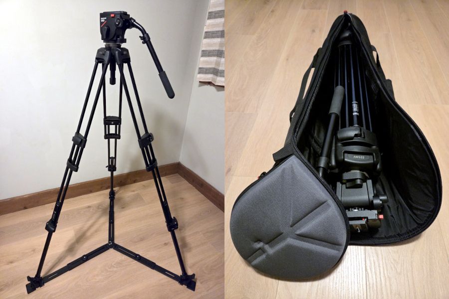 Manfrotto pro Tripod, Fluid Head, Half Ball (Italy-made) & nice bag, like new