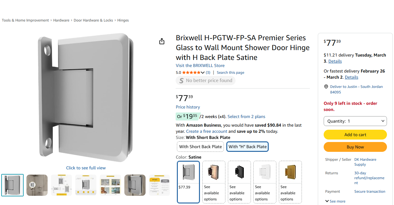 Heavy Duty Frameless Glass Shower Door Hinges – Brushed Nickel (Pair)