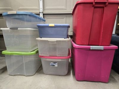 Used Plastic Storage Totes - Various Sizes & Colors, 8 Count
