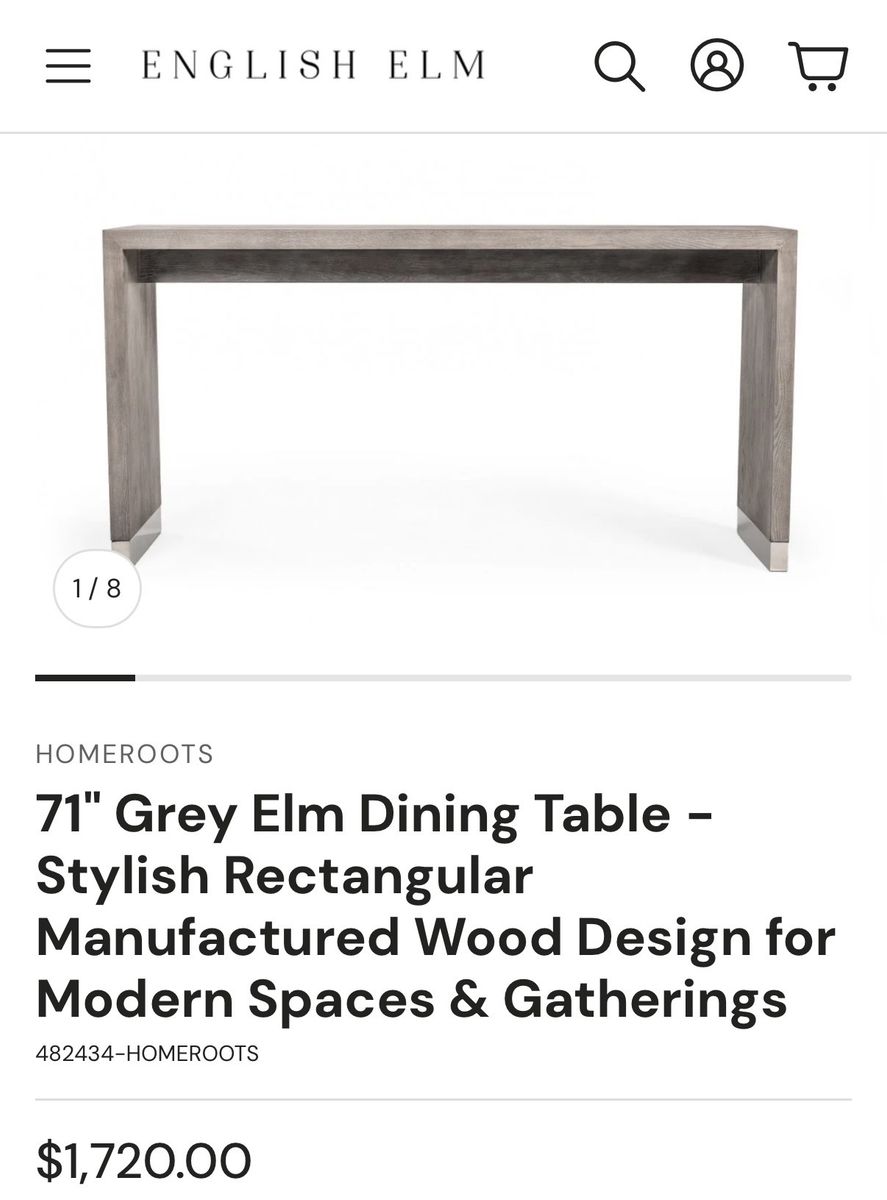 HOMEROOTS 71" Grey Elm Dining Table - Stylish Rectangular Manufactured Wood Design