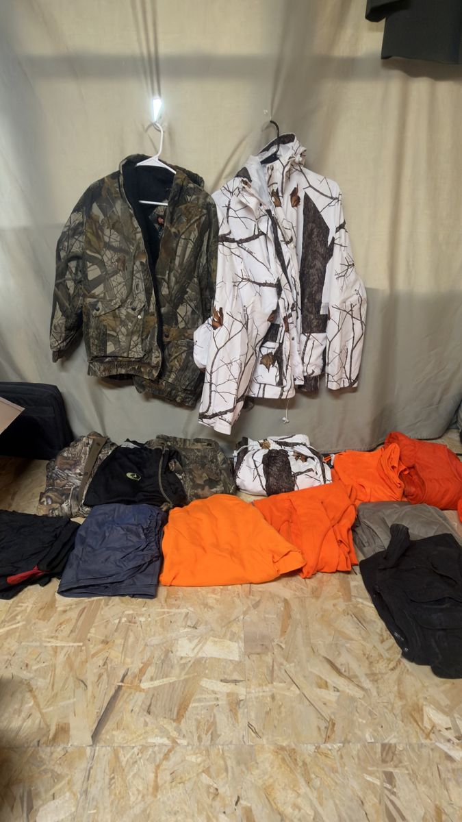 Hunting Clothes Lot - Camouflage, Orange Safety Gear, Jackets, Pants & More (Sizes Unknown)