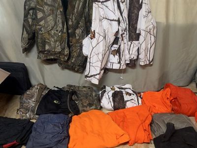 Hunting Clothes Lot - Camouflage, Orange Safety Gear, Jackets, Pants & More (Sizes Unknown)