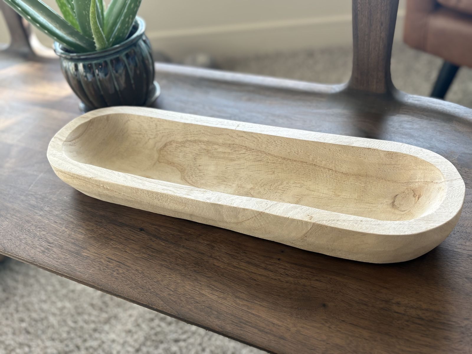 Large Hand Carved Wooden Dough Bowl | Extra Long Rustic Farmhouse Decor | Empty Primitive Wood Bowl