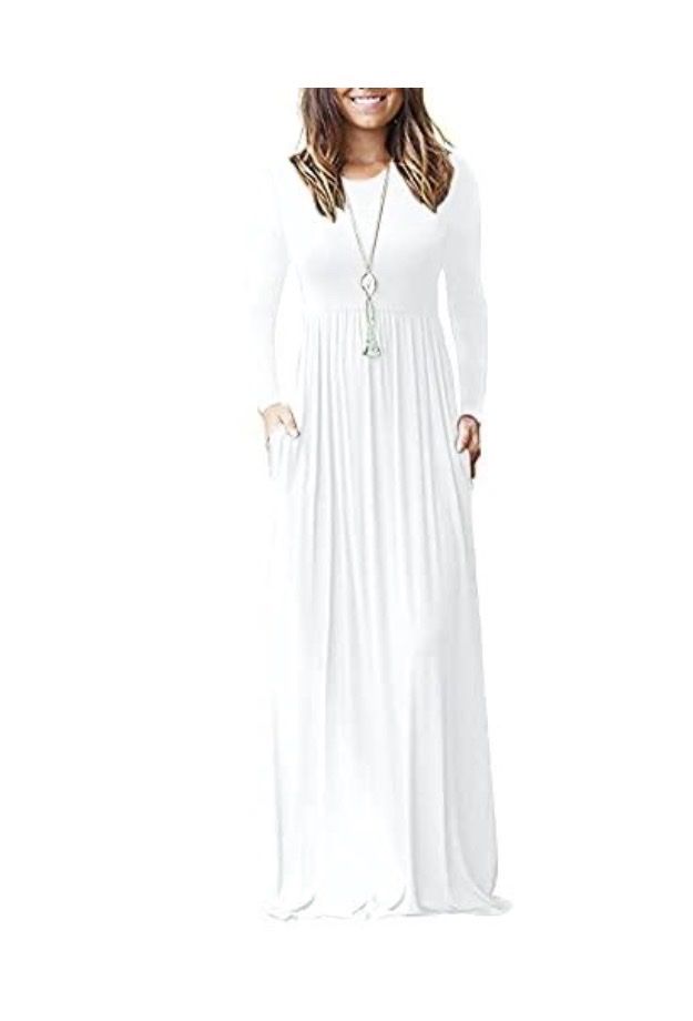 White Long Sleeve Maxi Dress with Pockets, Women's Size 2XL