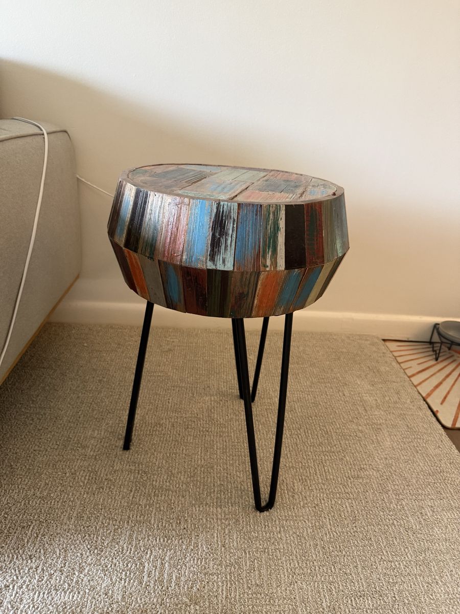 Rustic Reclaimed Wood Barrel End Table with Hairpin Legs - Unique Multi-Color Accent Table
