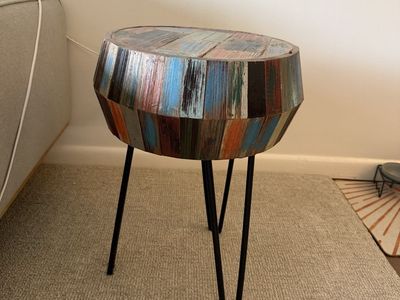 Rustic Reclaimed Wood Barrel End Table with Hairpin Legs - Unique Multi-Color Accent Table