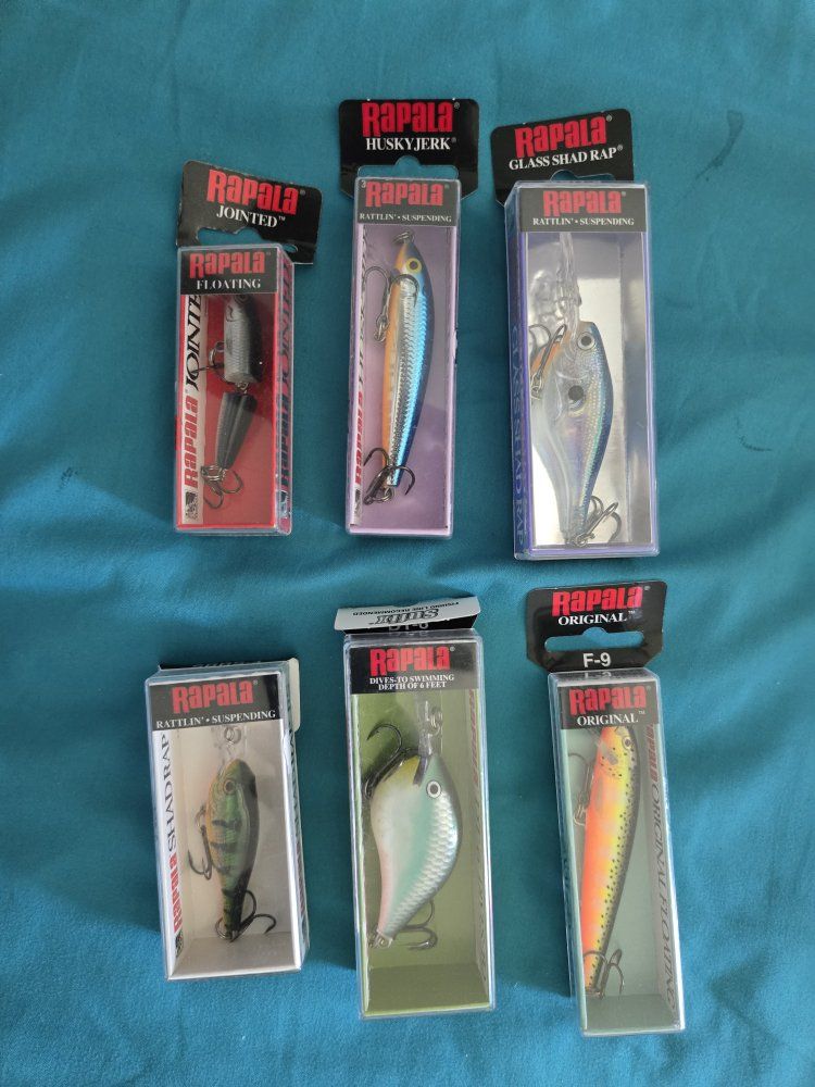 Lot of 6 Assorted Rapala Fishing Lures in Original Packaging