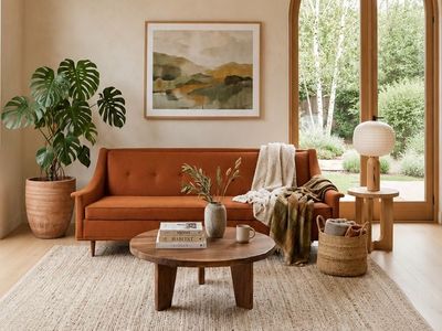 Vintage Mid Century Cognac Brown Basketweave Button Tufted Sofa Couch w/Wood Frame & Tapered Legs