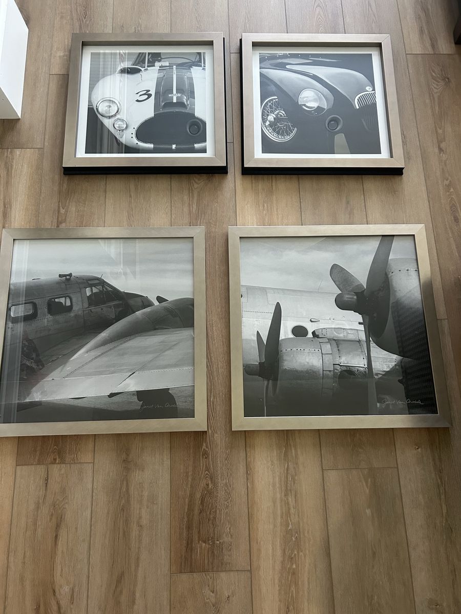 Set of 4 Framed Vintage Plane & Car Wall Art - 2x 26.5" & 2x 22" Prints