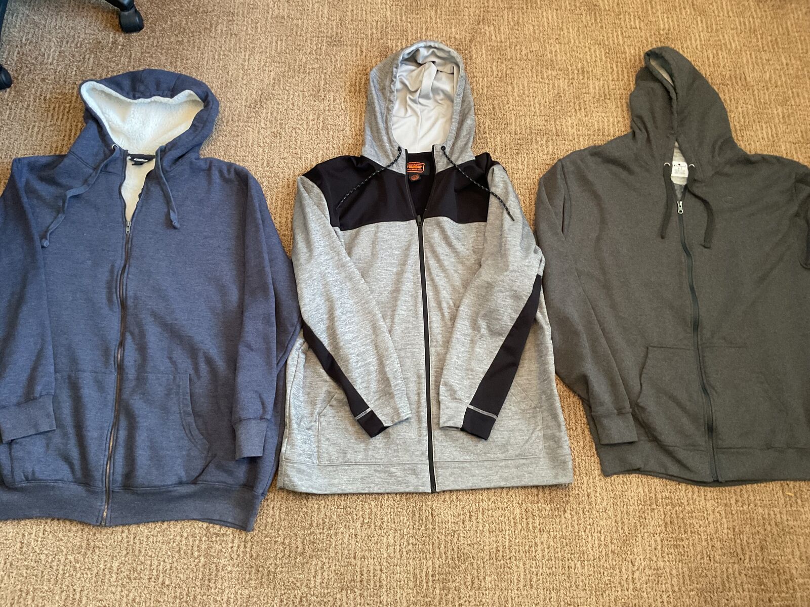3 Zip Up Sweatshirts. Champion XLT, Kingsize 2XL T, Foundry 2XL