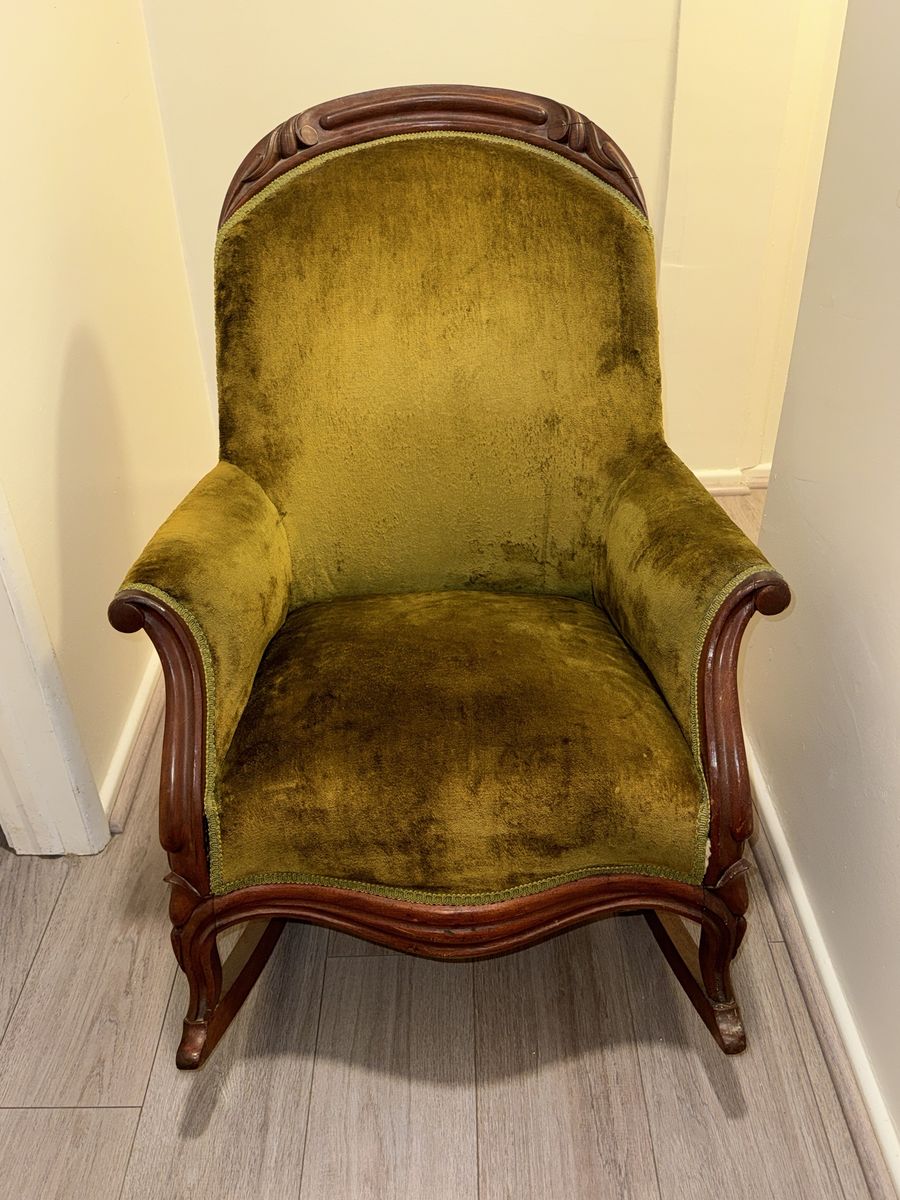 Vintage Mid-Century Green Velvet Armchair with Carved Wood Frame - Unique Accent Chair