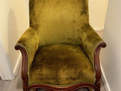 Vintage Mid-Century Green Velvet Armchair with Carved Wood Frame - Unique Accent Chair