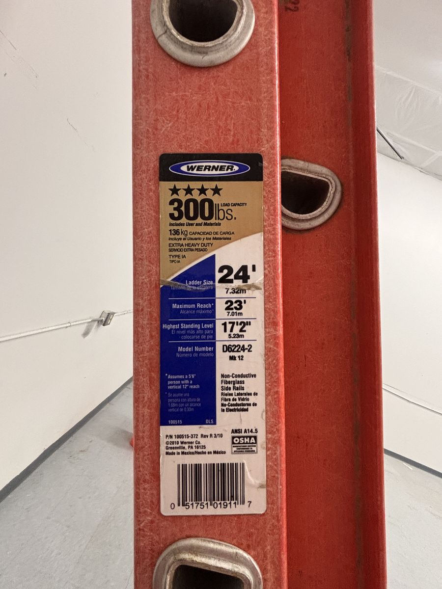 Werner D6224-2 24 ft Fiberglass Extension Ladder - 300 lbs Capacity