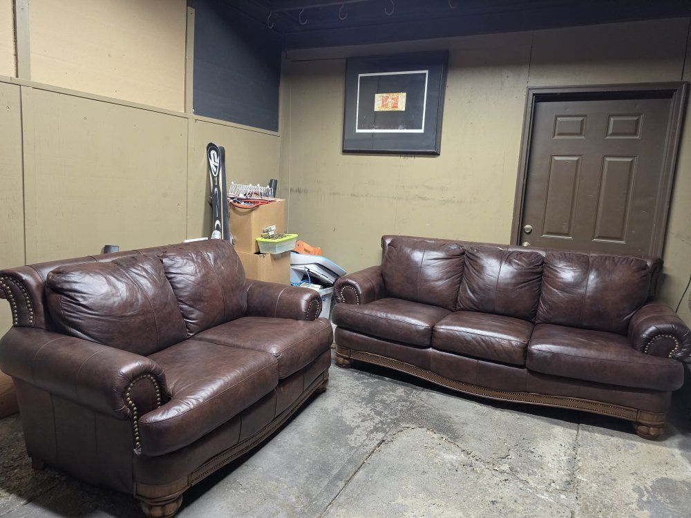like new Leather Sofa & Loveseat Set - Brown, Studded Trim