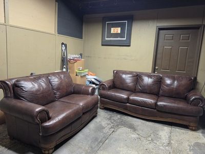 like new Leather Sofa & Loveseat Set - Brown, Studded Trim