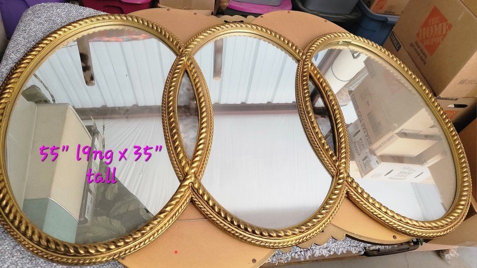 Large Triple Oval Wall Mirror with Gold Rope Frame 55" x 35"