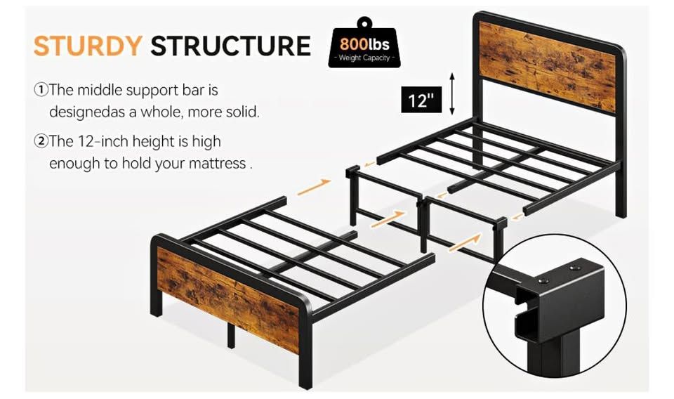 Twin XL Metal & Wood Bed Frame – Headboard & Footboard