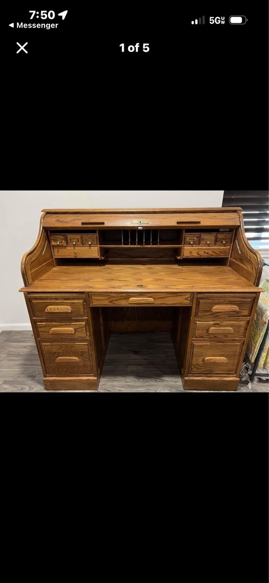 Oak Crest Solid Oak Roll Top Desk with Storage Drawers & Cubbies